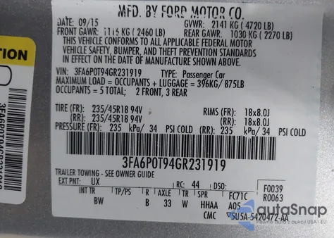 2016 Ford Fusion Se из США, поврежденный, VIN 3FA6P0T94GR231919